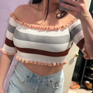Fashion nova off shoulder crop striped 3/4 sleeve sweater shirt